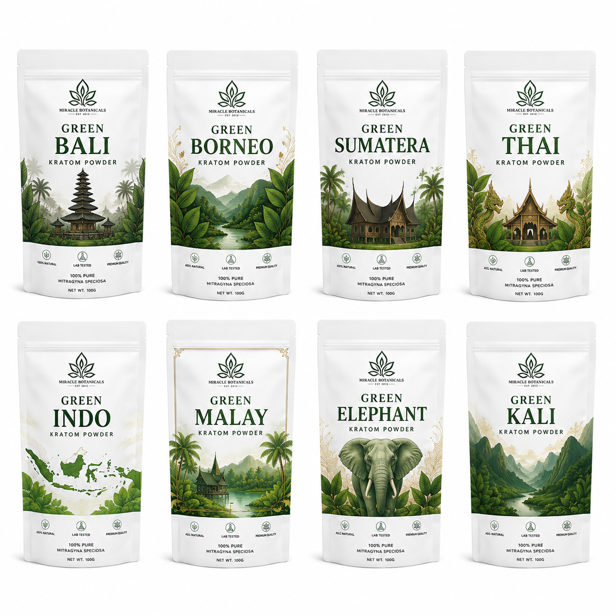 Miracle Botanicals Green Strain kratom — overview of all green variants
